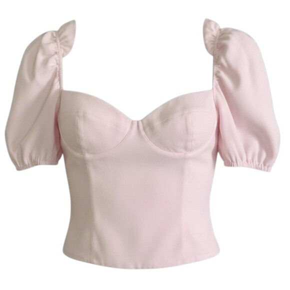 Aritzia Wilfred Novella Pastel Pink Crepe Smocked Crop Top Blouse Puff Sleeve S - Picture 1 of 12